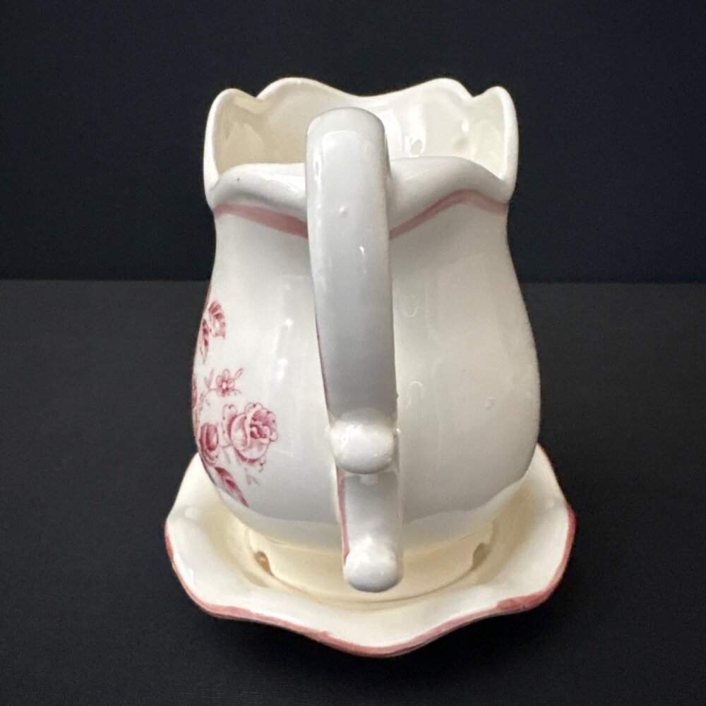 White Japanese Ceramic Pitcher Pink Floral Design Matching Saucer Plate Creamer - Picture 4 of 9